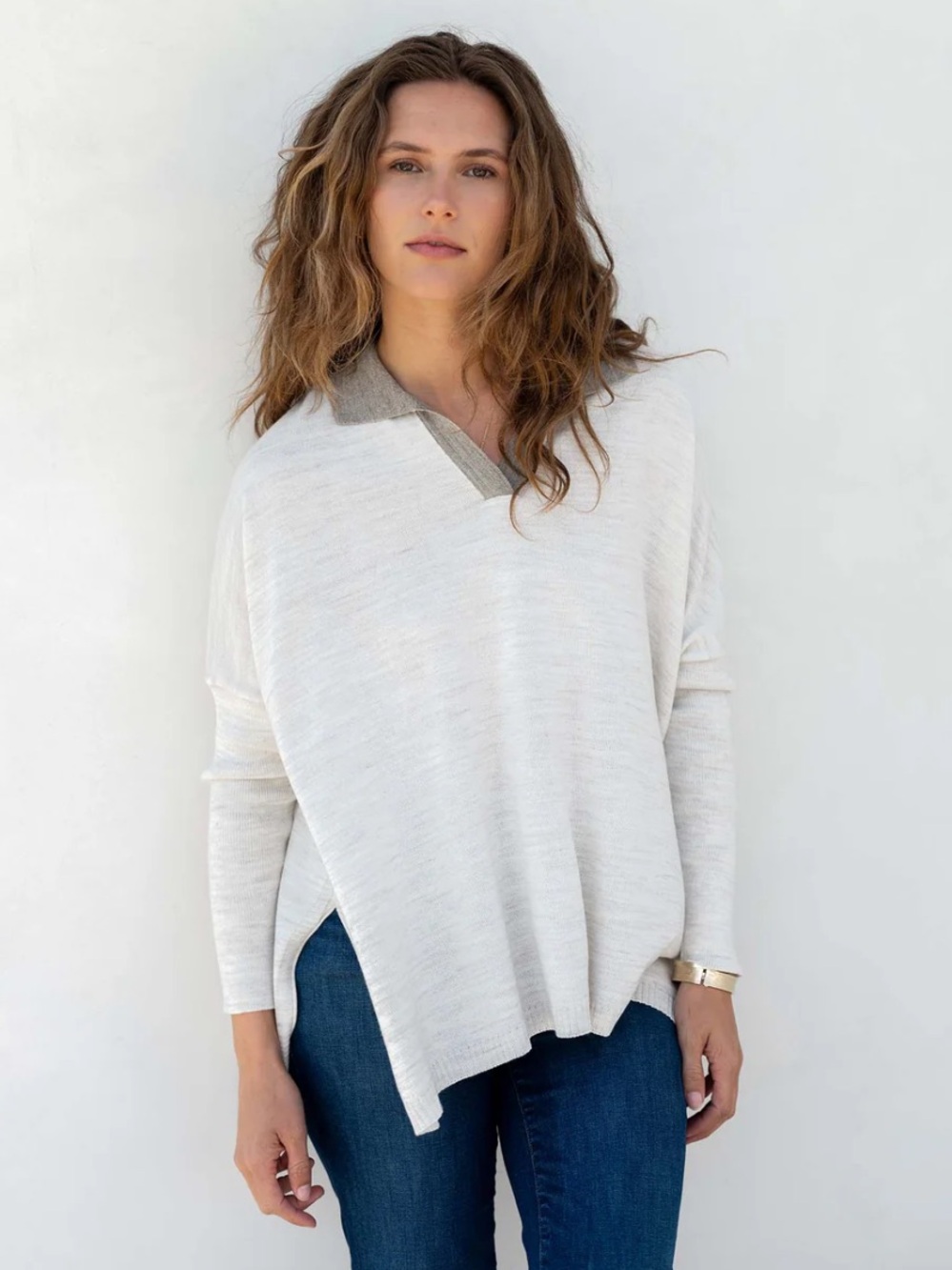 Mersea || Catalina Polo Sweater in Sea Salt Driftwood Cream Gray Petite OS